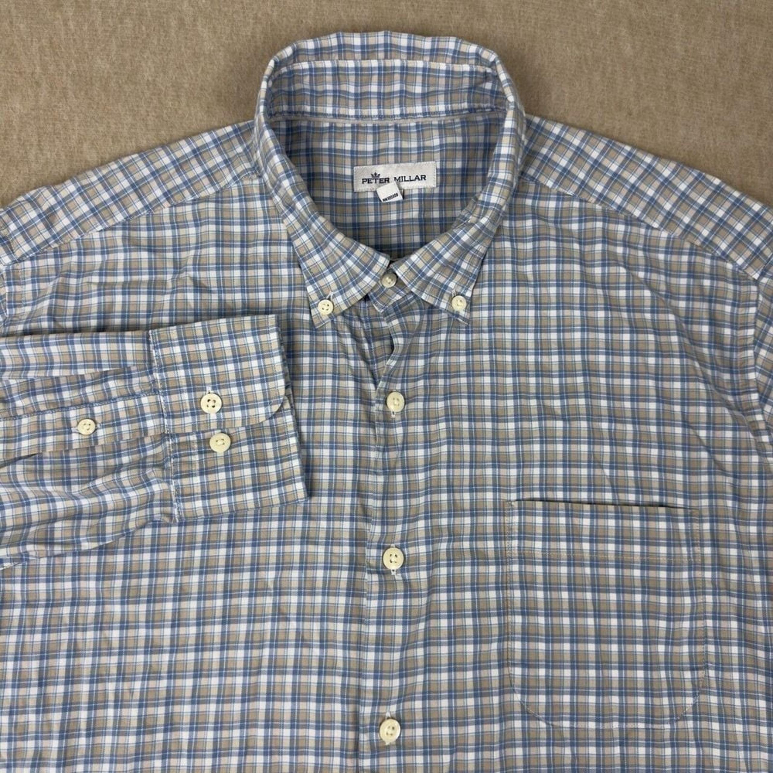 Peter Millar Mens Large Blue Plaid Long Sleeve Button Down Dress Shirt Stretch