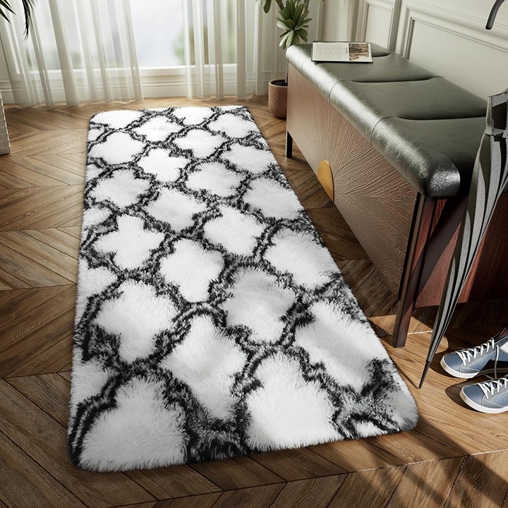 Luxury Shag Area Rug Runner for Bedroom 2x6 Feet Geometric Plush Fluffy Rug