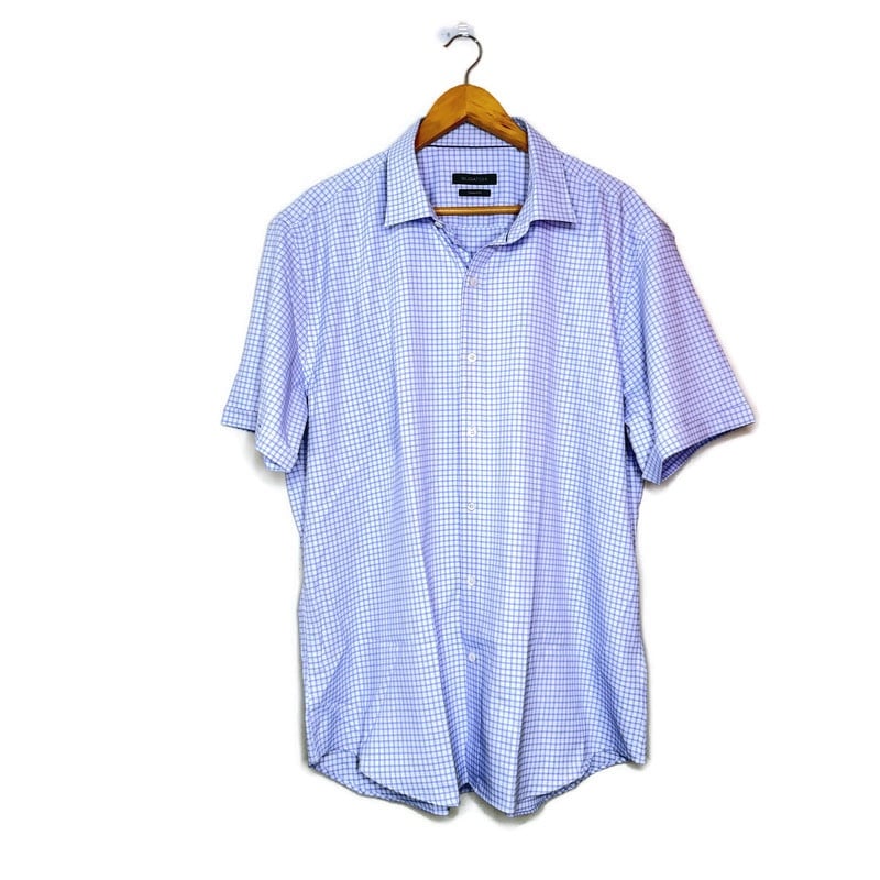 Bugatchi Lavender, Blue & White Plaid Button Up Short Sleeve Men’s Top Size XXL