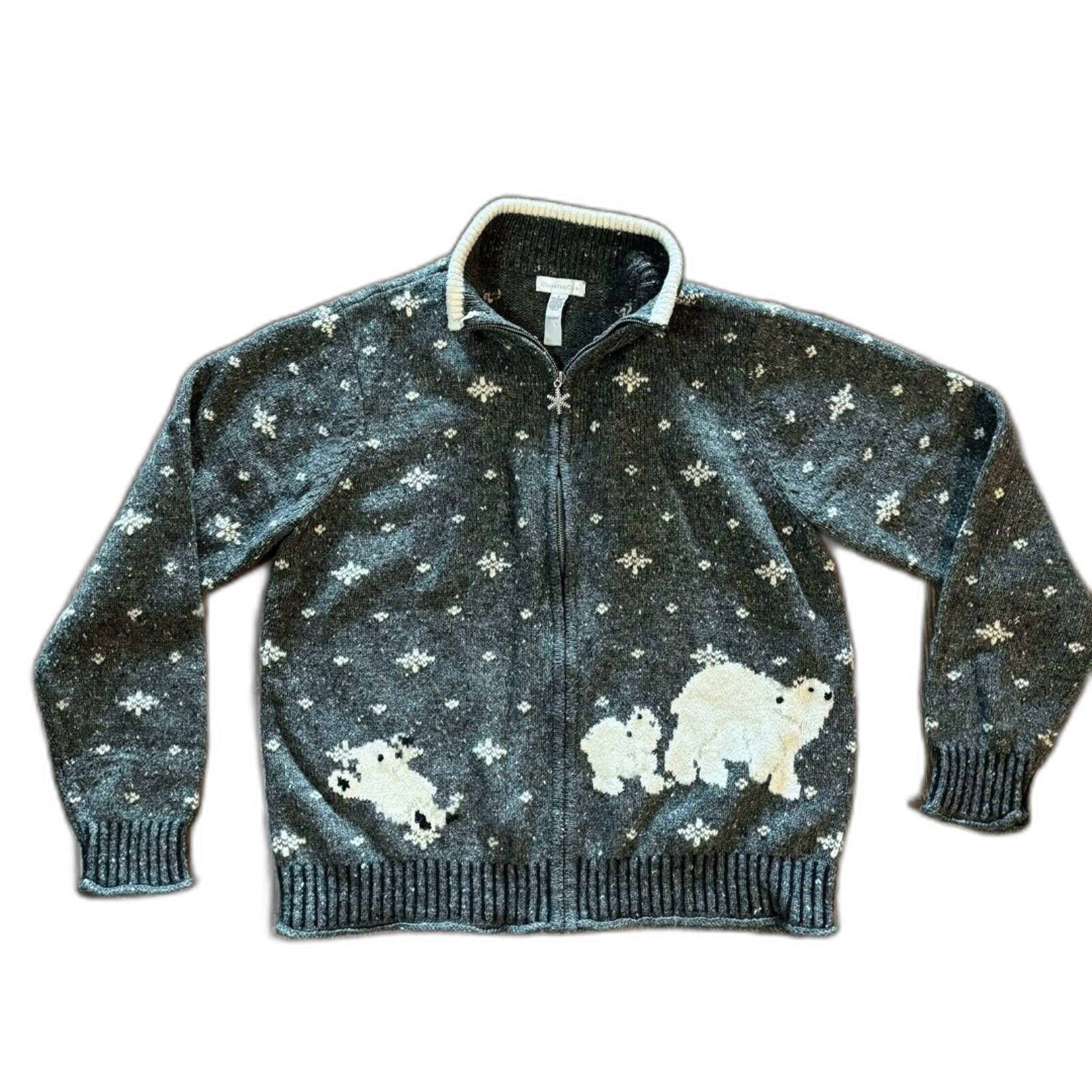 Charter Club Womens Full Zip Polar Bears Cardigan Large Wool Blend Cozy