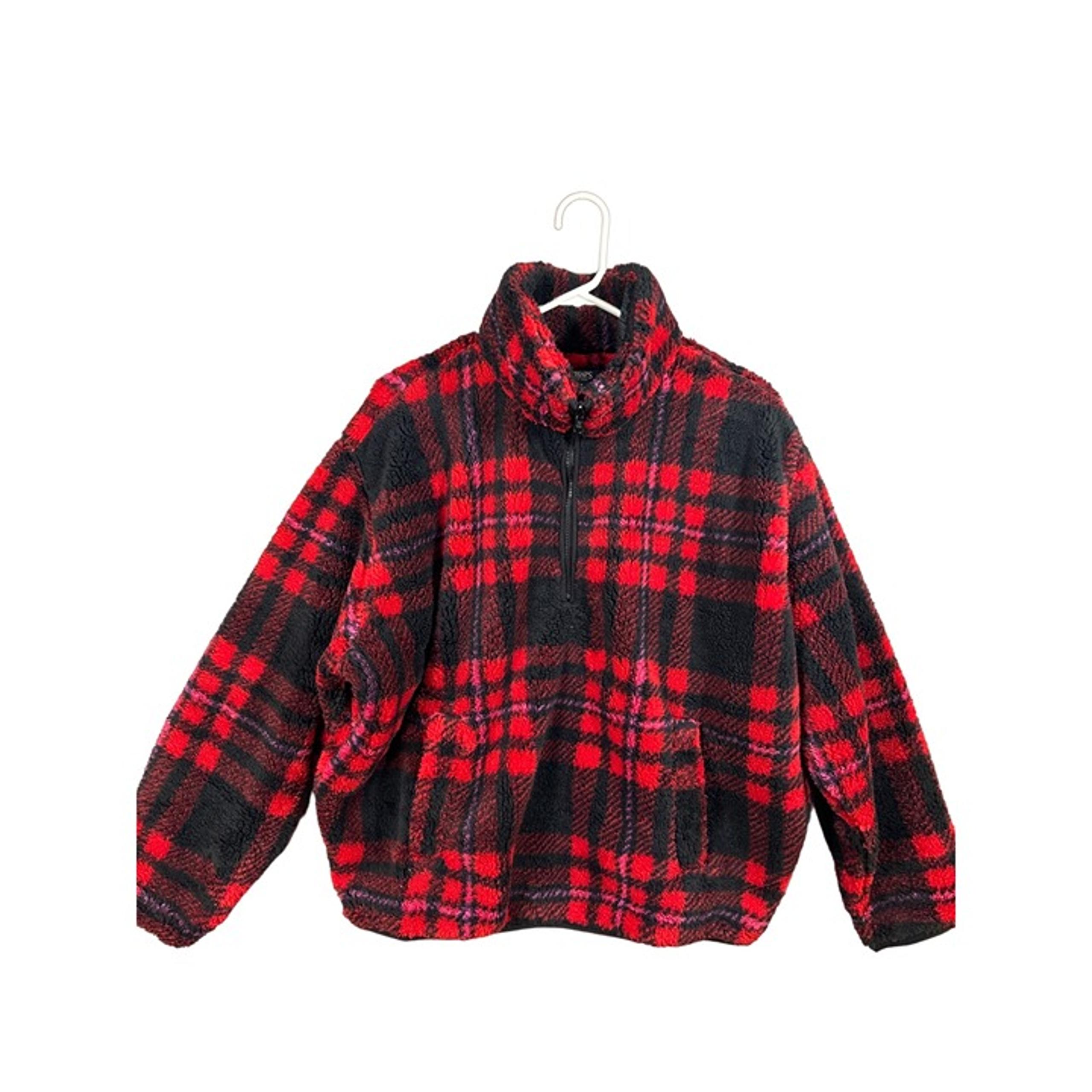 Chaps Women's Sherpa Jacket Size Medium Red Buffalo Plaid Pullover 1/4 Zip EUC