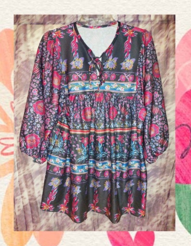 Unbranded Blk/Burgundy/Multicolor Boho Floral & Striped Knit Tunic Top 18/20/22