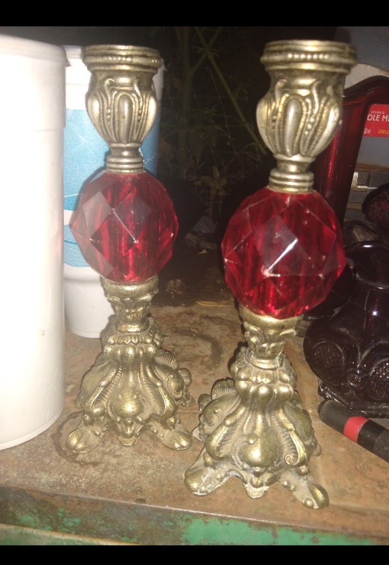 Red glass /brass candleholders