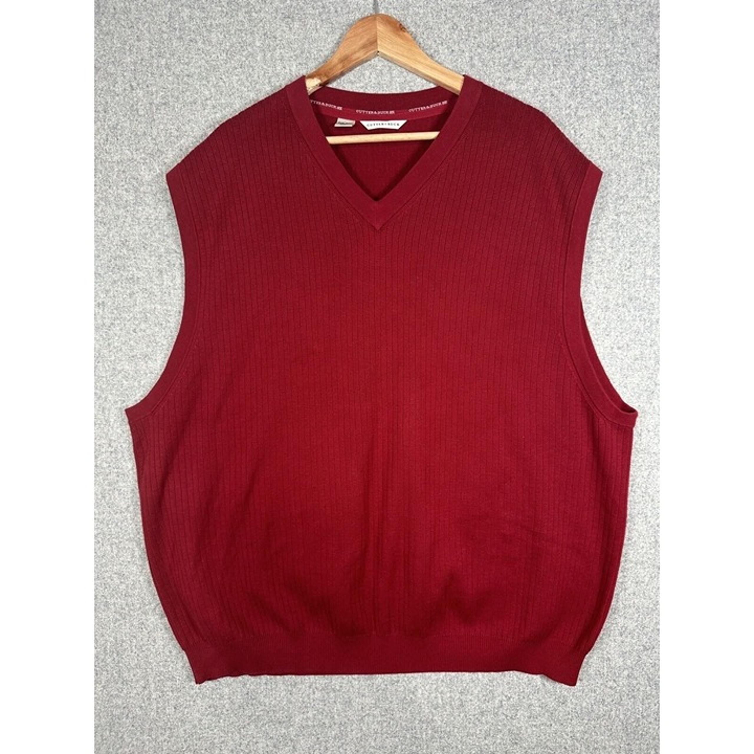 Cutter and Buck 3XB Mens Vest Sweater Red Ribbed Sleeveless Cotton V-Neck Golf