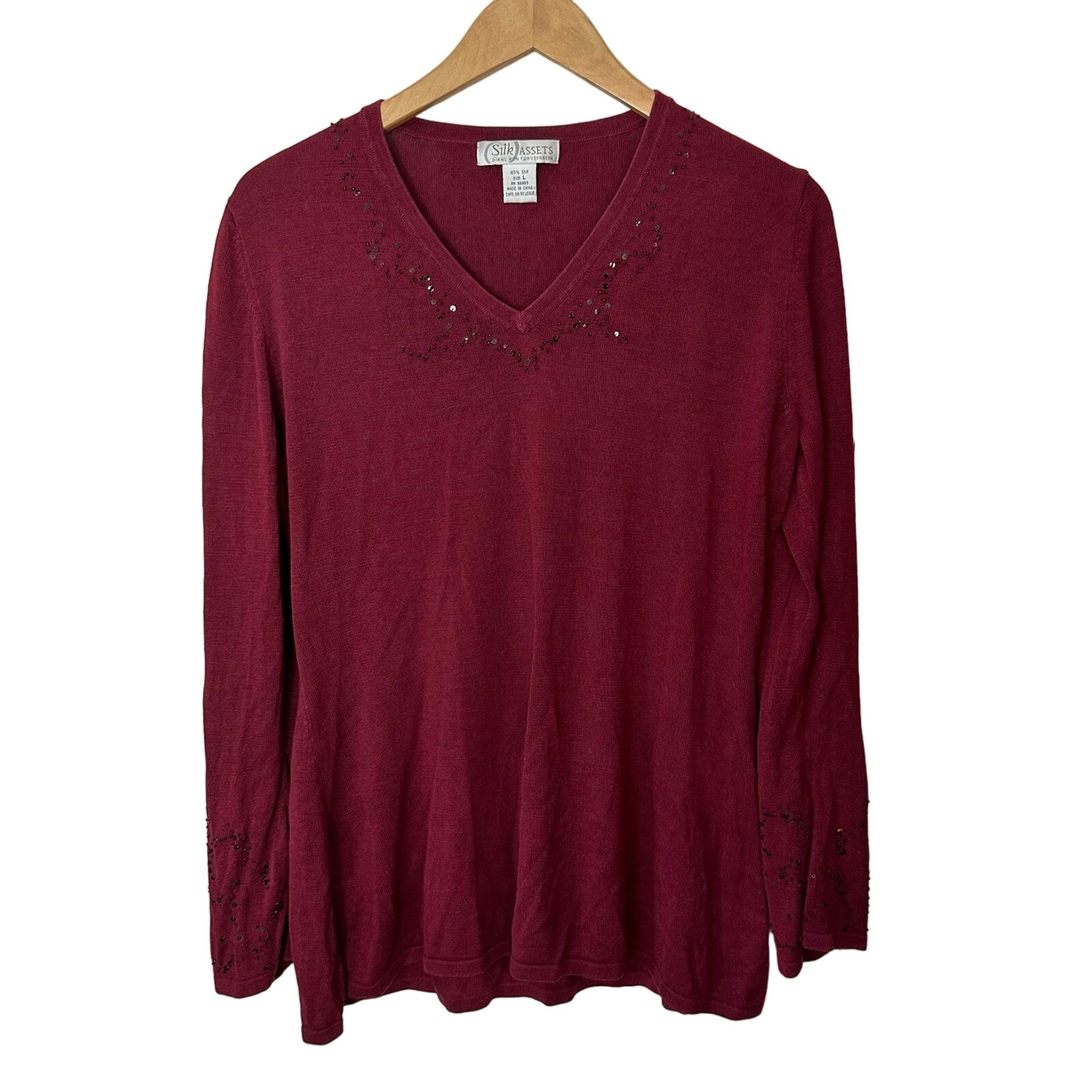 Diane Von Furstenberg Silk Assets Red Knit Top Beaded Sequins V Neck Pullover L