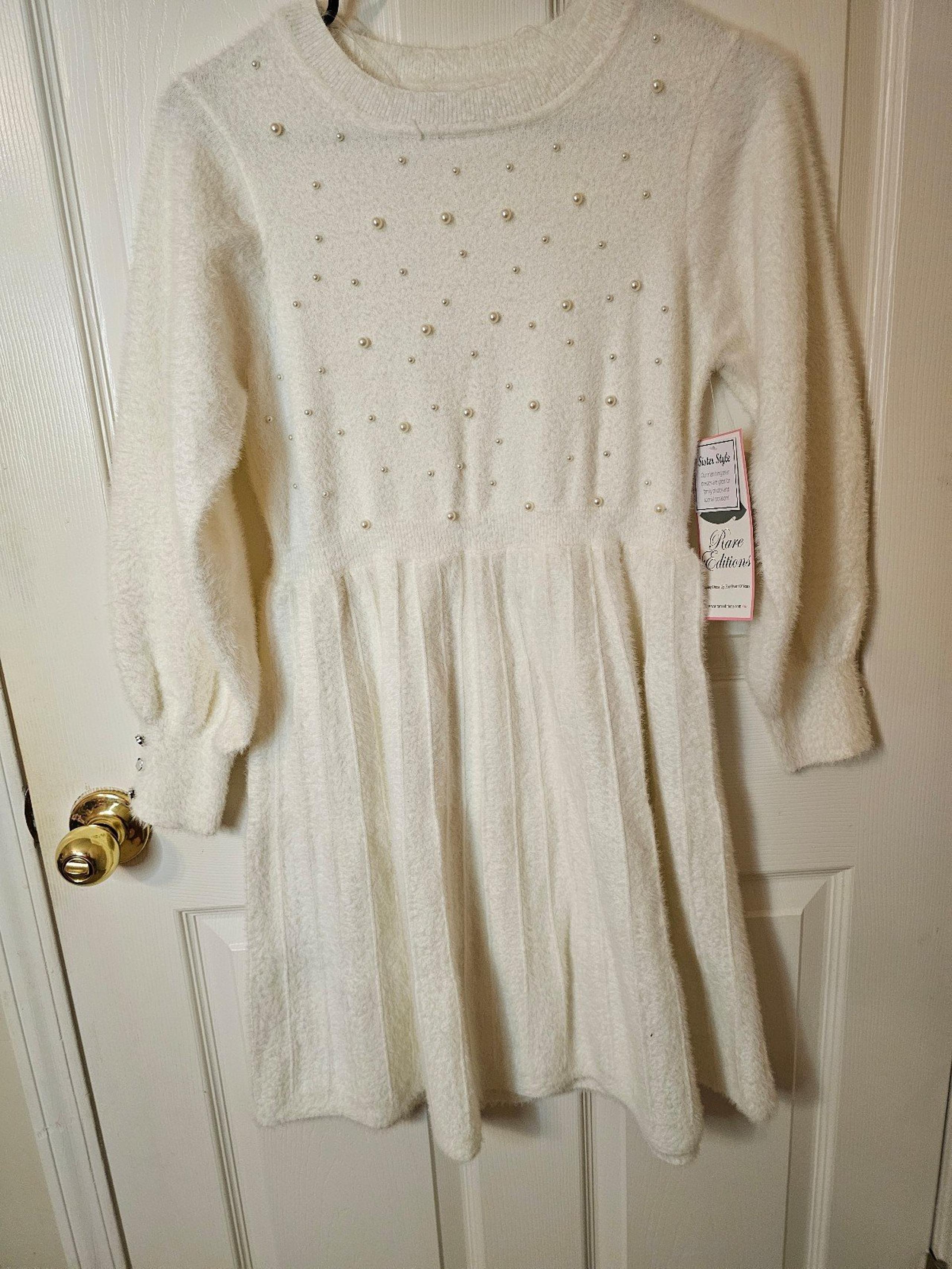 Rare Editions Dress Girl’s Size 12 Cozy Holiday Ivory with Pearl Accents