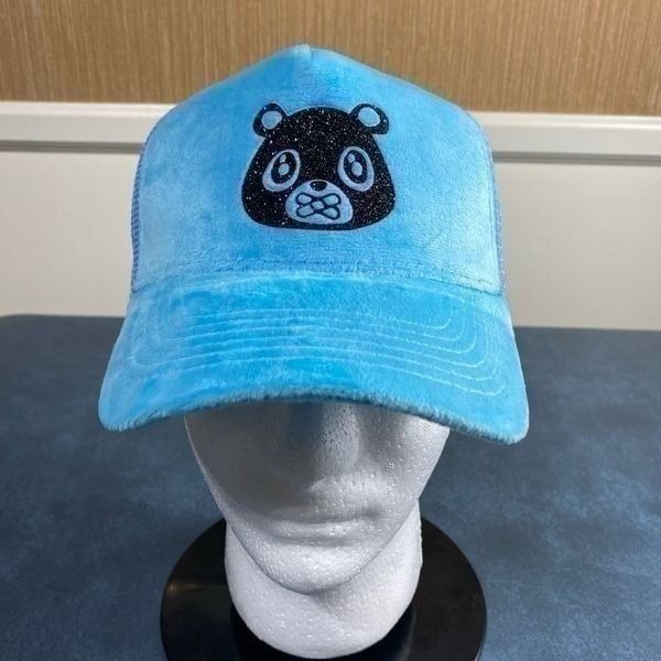 OWNYC Blue Velour Black Glitter Bear Snap Back Trucker Hat NWOT