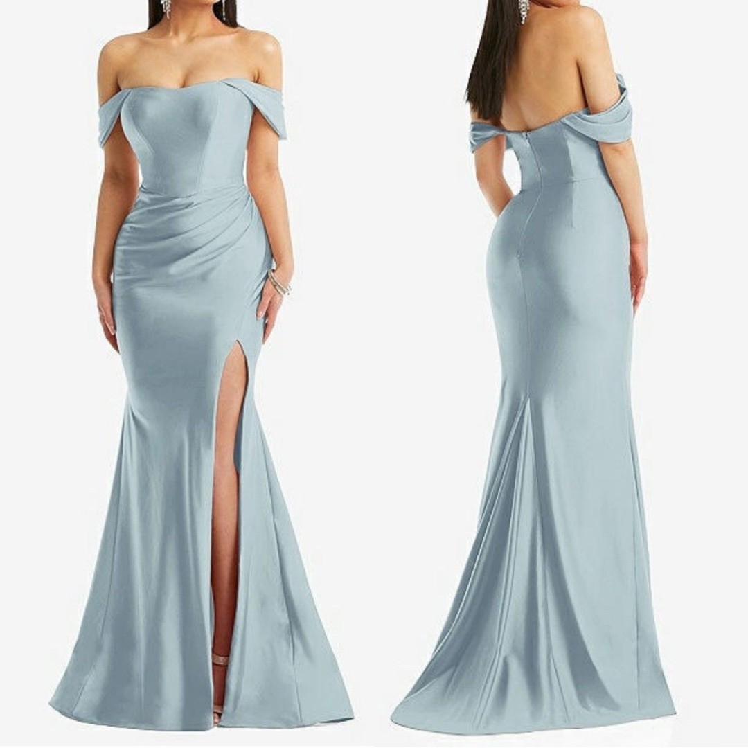 Cynthia & Sahar Dress Gown Off Shoulder Corset Satin Mermaid Blue Mist L NEW