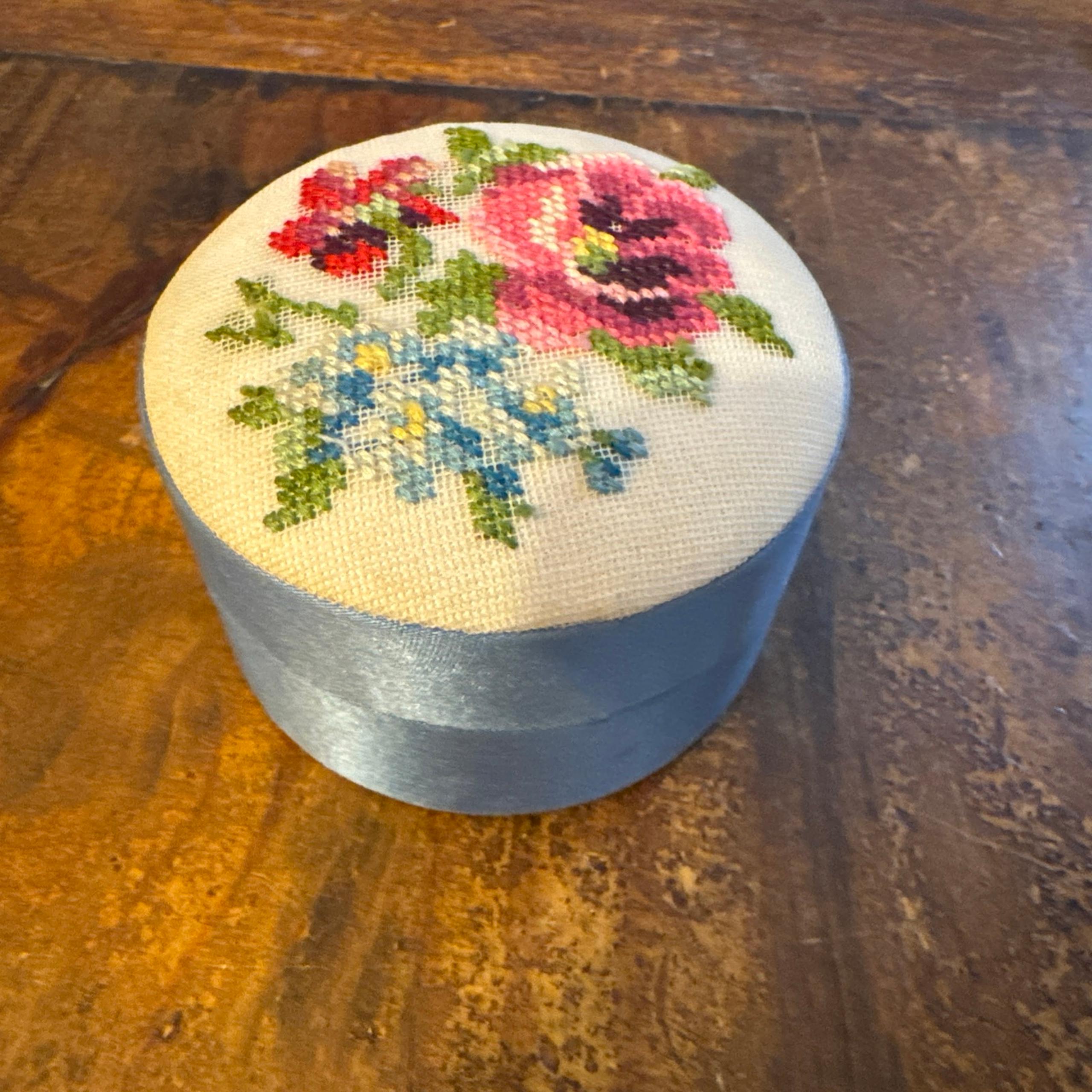 Hand Stitched Blue Floral Fetco Needlework Trinket Jewelry Box- Lined- Vintage
