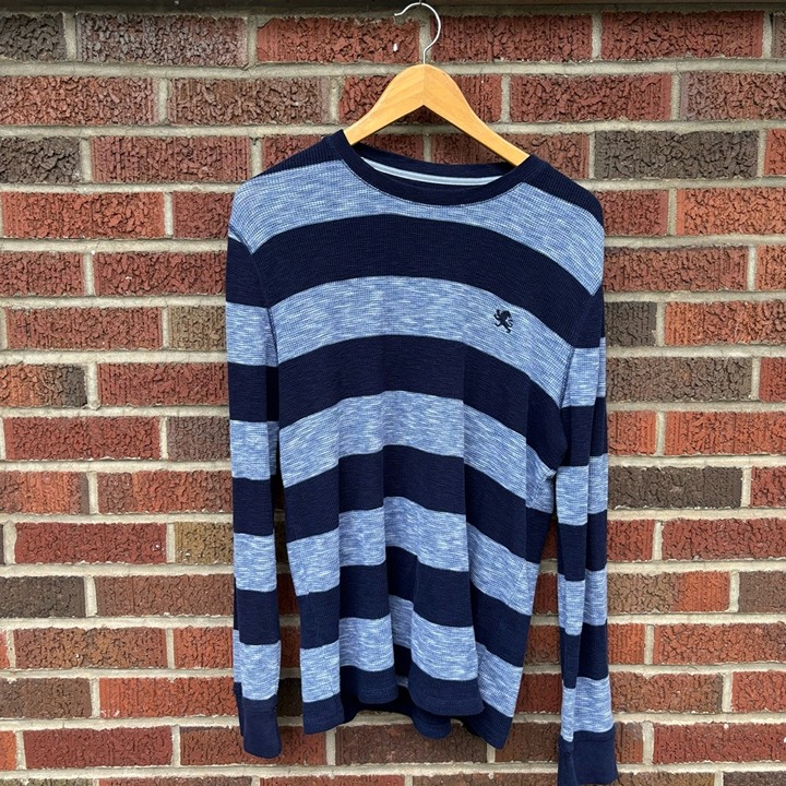 Express Navy Blue and Marled Light Blue Waffle Knit Long Sleeve Shirt