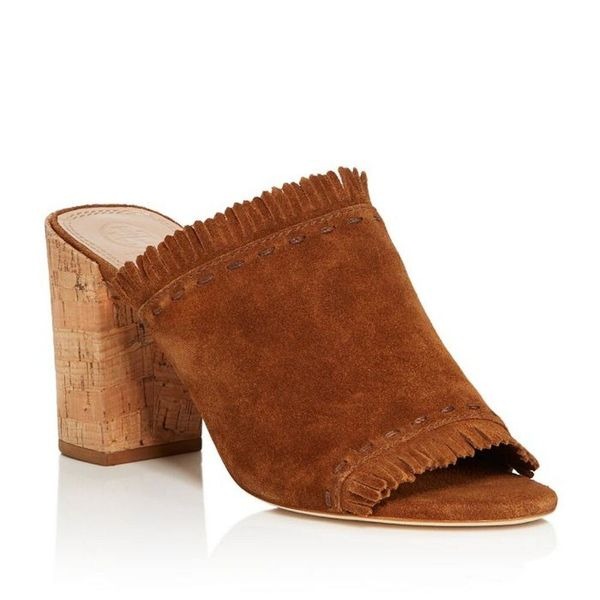 Tory Burch Brown Huntington Fringe Suede Block Heel Mule Sandals Size 9M