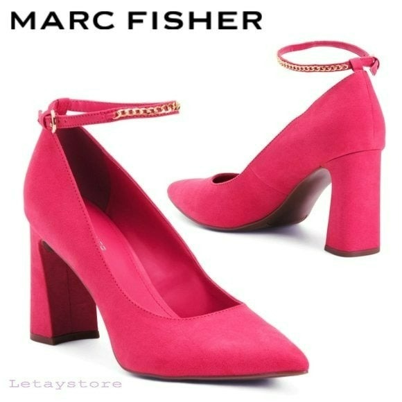 NWT Marc Fisher Chain Buckle Ankle Block Faux Suede Pumps High Heels