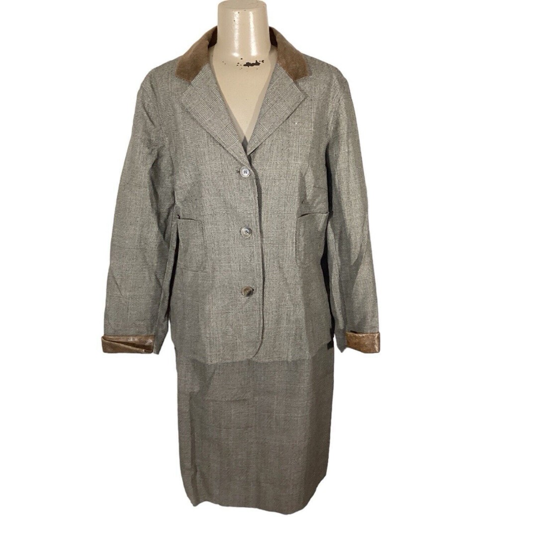 Harve Bernard Sport Women Sz 10 Wool Houndstooth Plaid Leather Trim Skirt Suit
