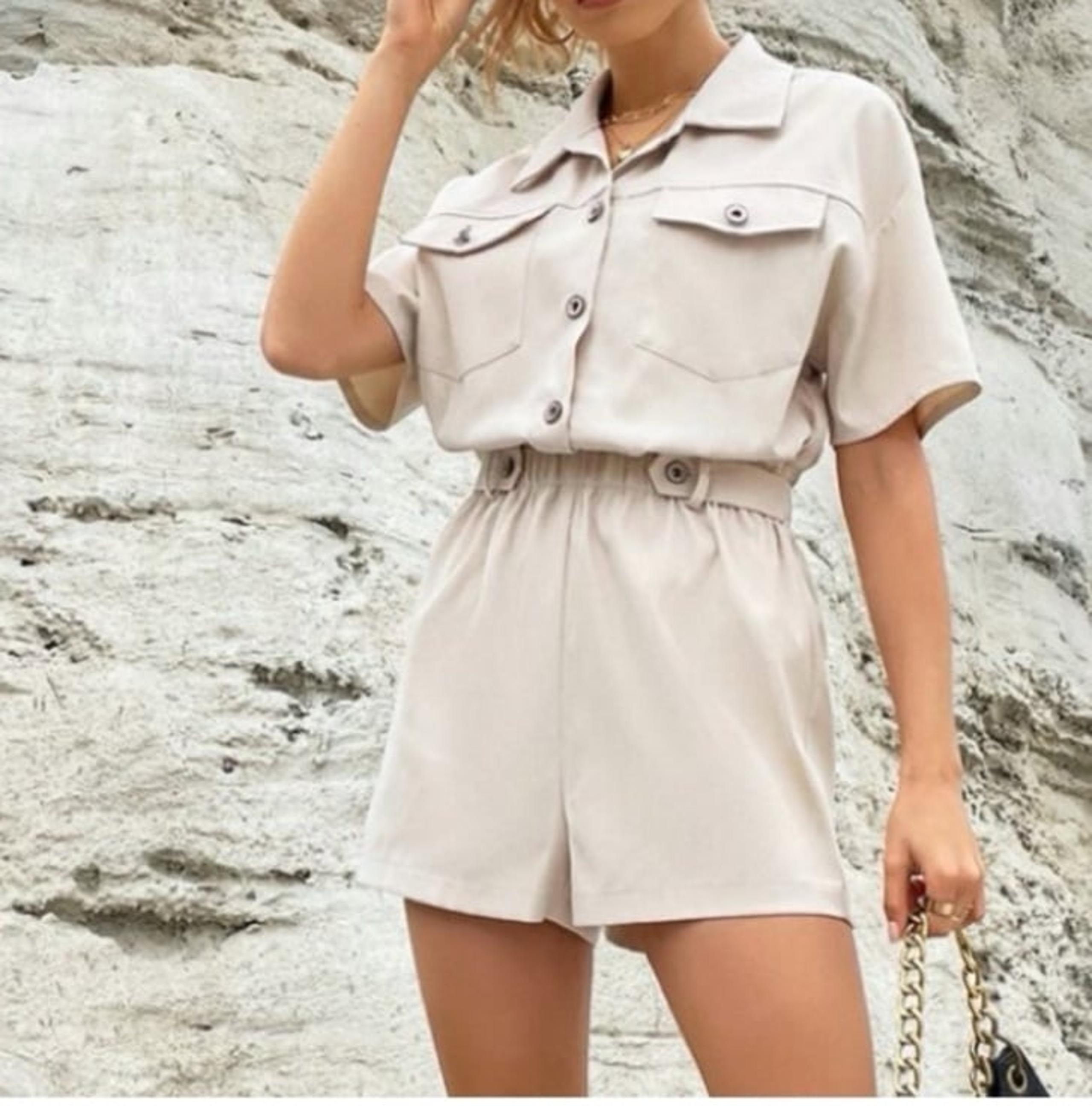 Shein Beige One Piece Short Romper Jumpsuit Women’s Large Khaki Safari Button Up