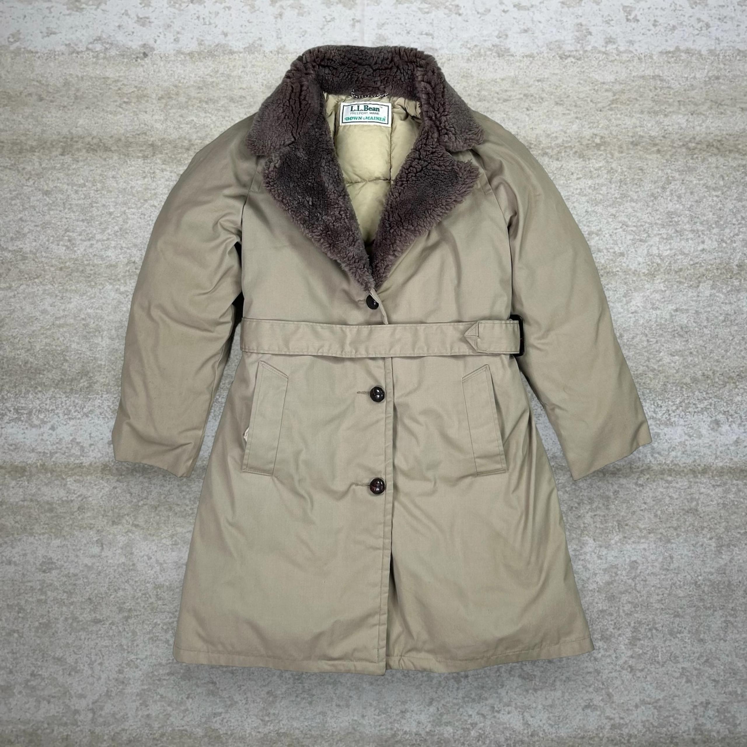 Vintage LL Bean Down Mainer Puffer Jacket Tan Trench Coat Insulated 90s