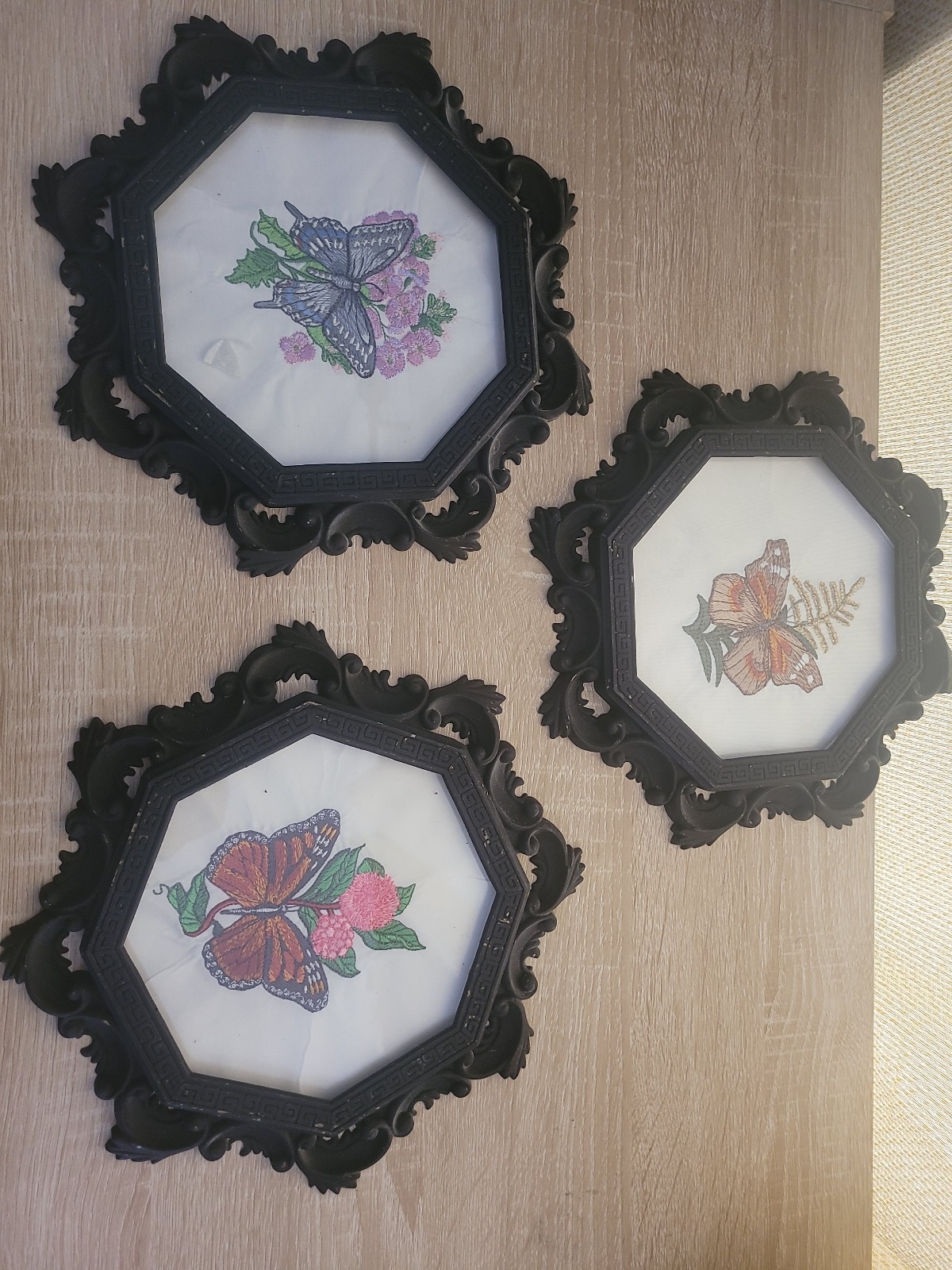 3 Vintage Butterfly Stitch in Octagon Shape Plastic Frame With Hanger 3 Designs.