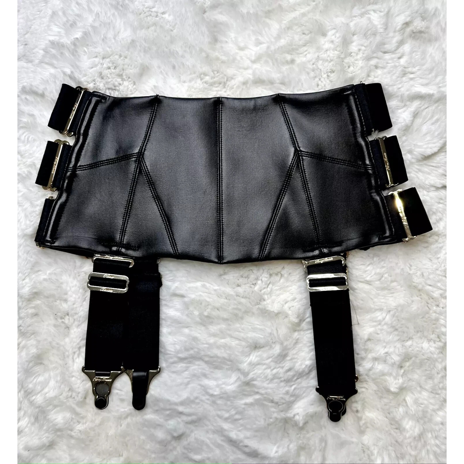 Honey Birdette CLEO Black Faux Leather Garter Belt Waspie Small