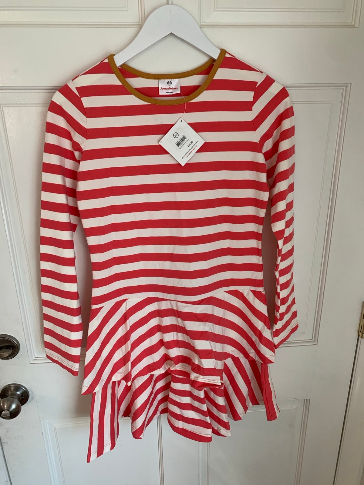 NWT Hanna Andersson Coral Striped Cotton Long Sleeve Ruffle Dress 160 14-16