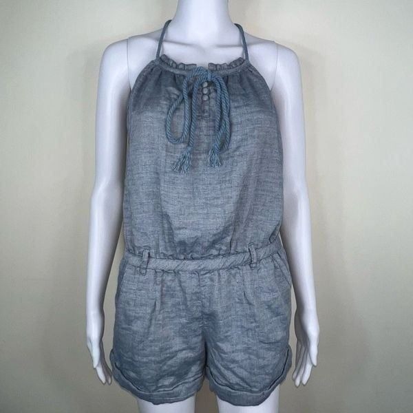 Relished Chambray Rope Neck Pocketed Short Romper