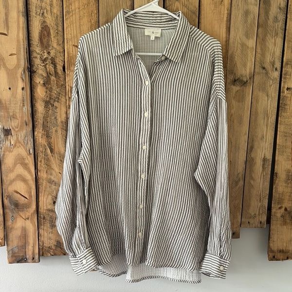 Lou & Grey Women’s Sz Large Crinkle Cotton Striped Cream Gray Coverup Tunic Top