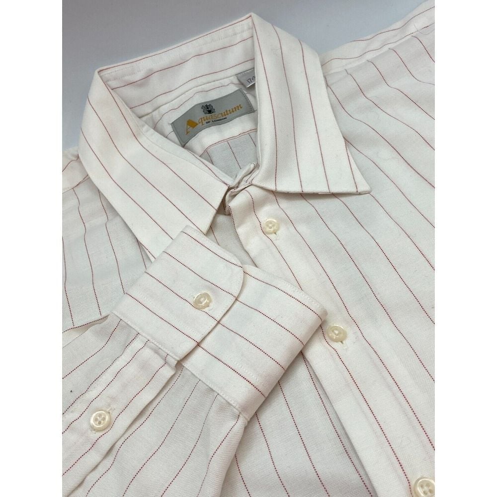 Aquascutum London Mens Button Down Shirt White Red Pinstripe Long Sleeve 17-34