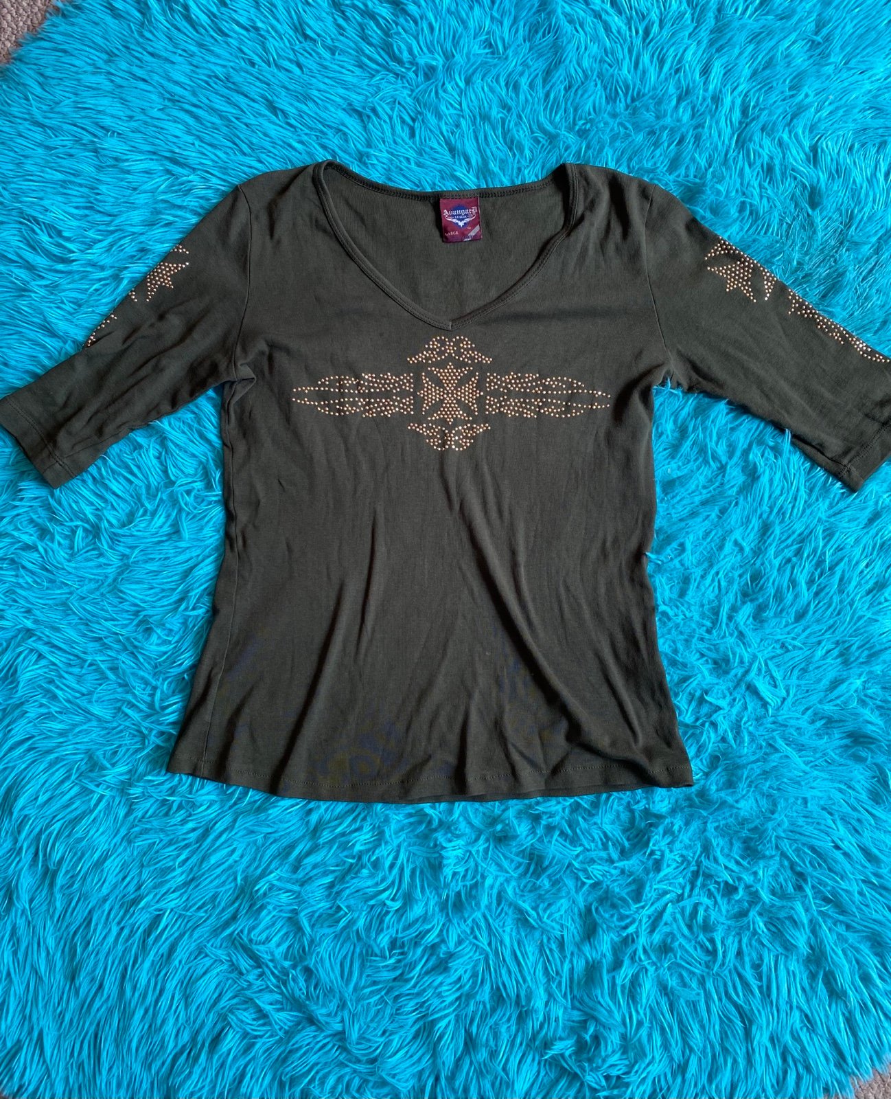 Avangard usa rhinestone cross blouse shirt