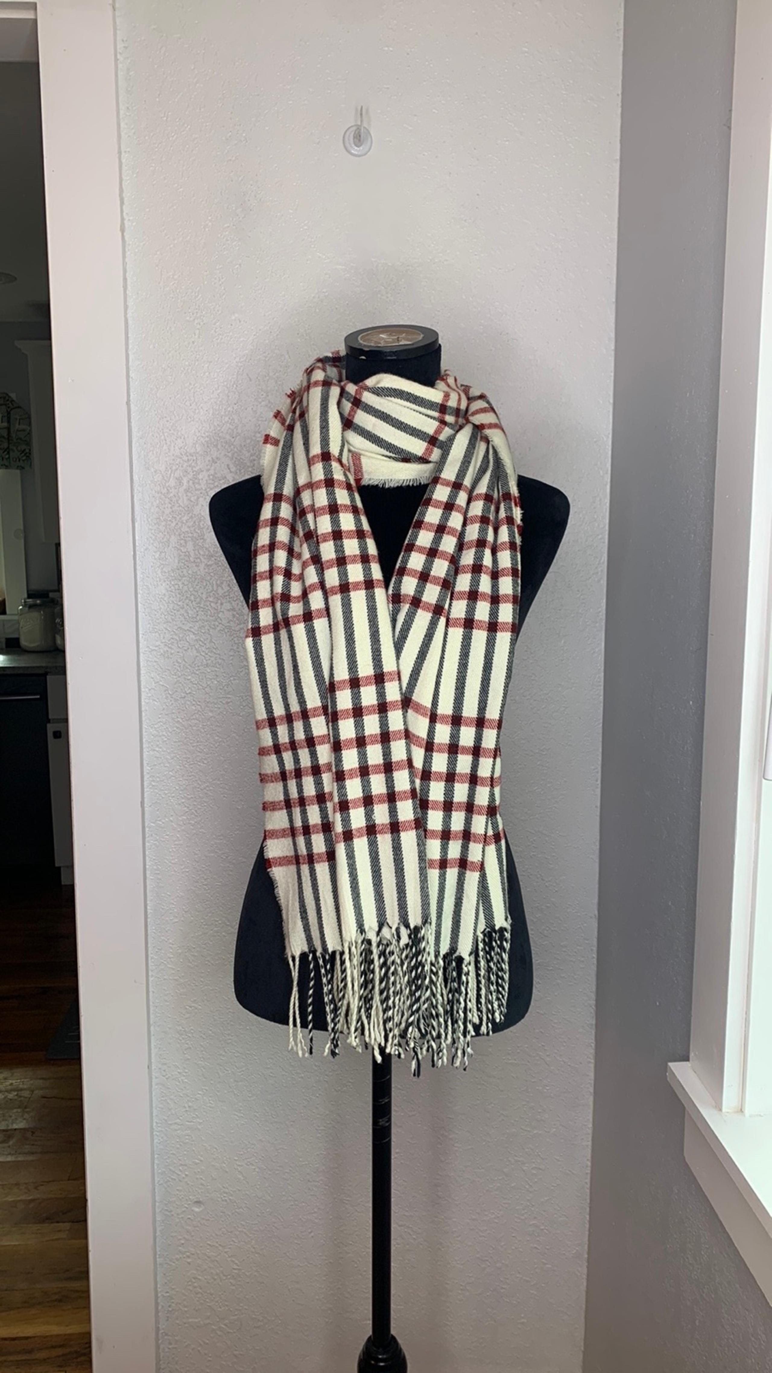 Tan Plaid Tartan Fringe Winter Scarf wrap