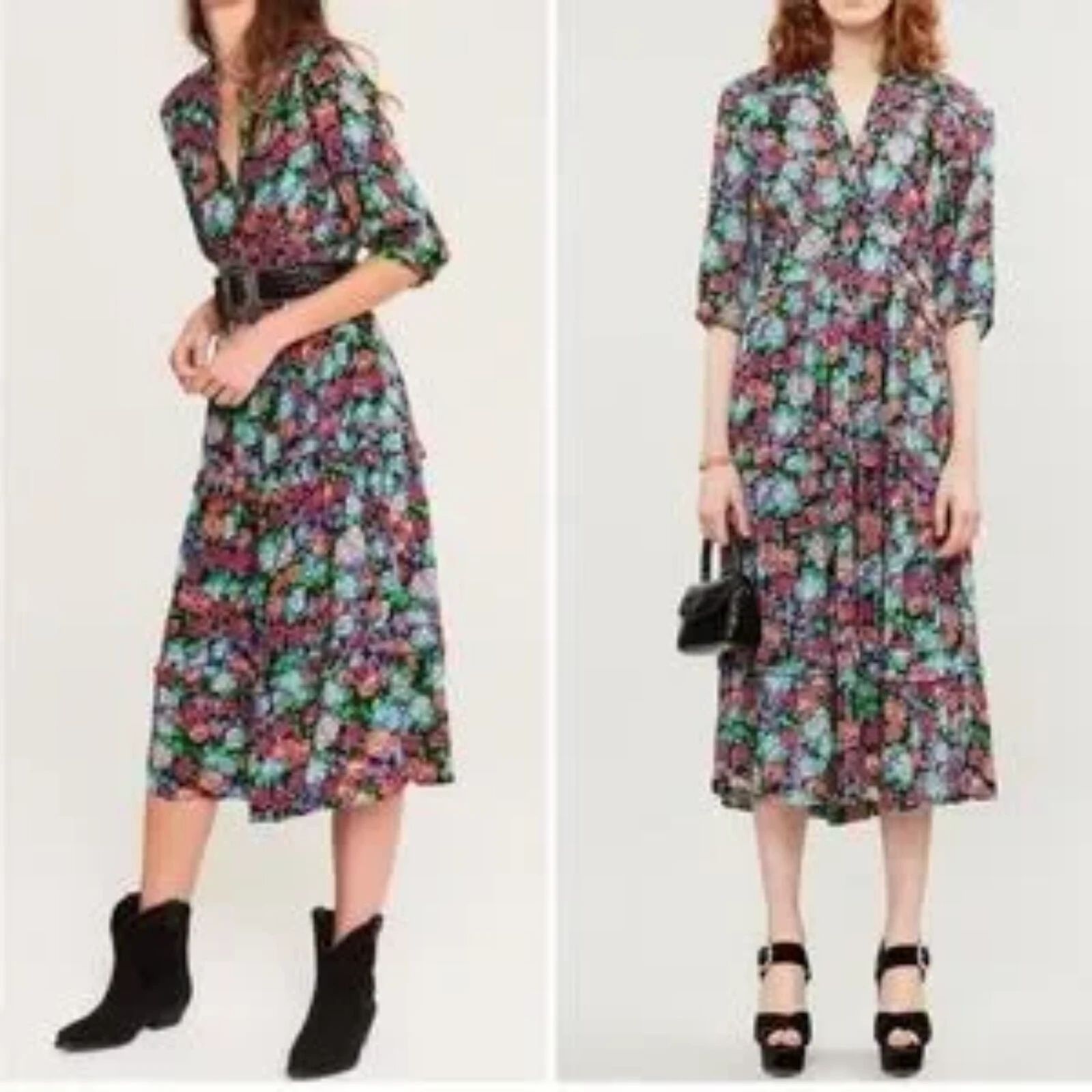 Ba&sh Paris Black Panda bright floral ruffle metallic midi dress Size 8/MEDIUM