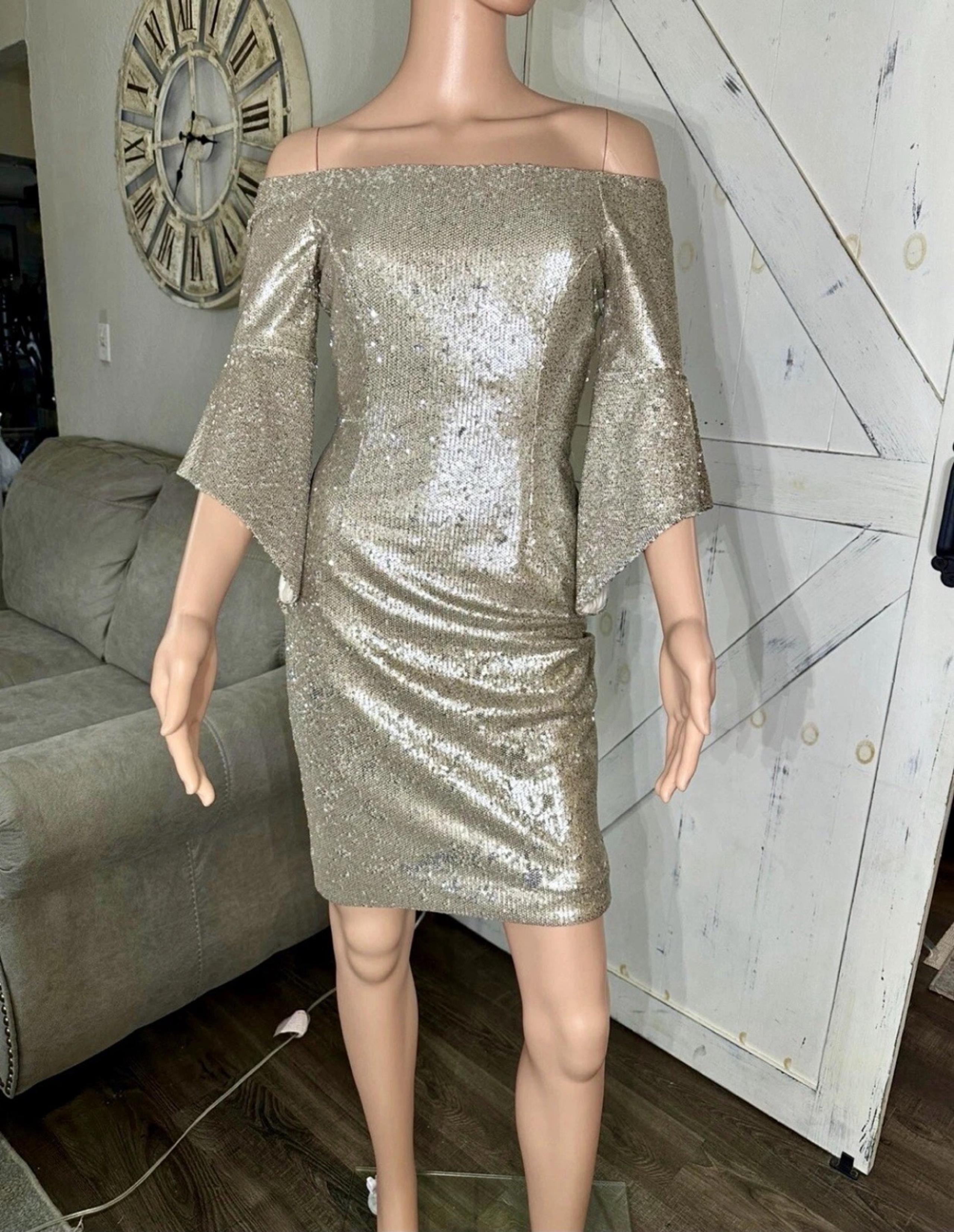 $159 New Antonio Melani Gold Sequin 3/4 Sleeve Cocktail Dress US Size-XS