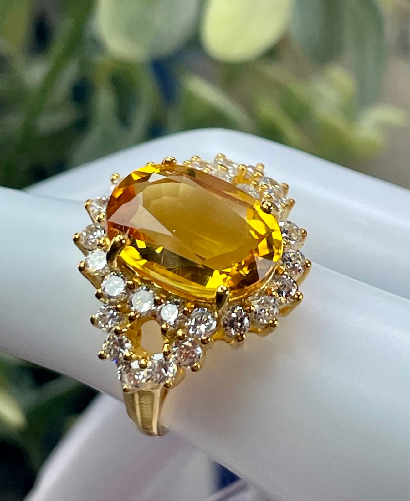 7.34CT Genuine Whiskey Yellow Sapphire White accents 14k on 925 ring. Sz6.5 or 7