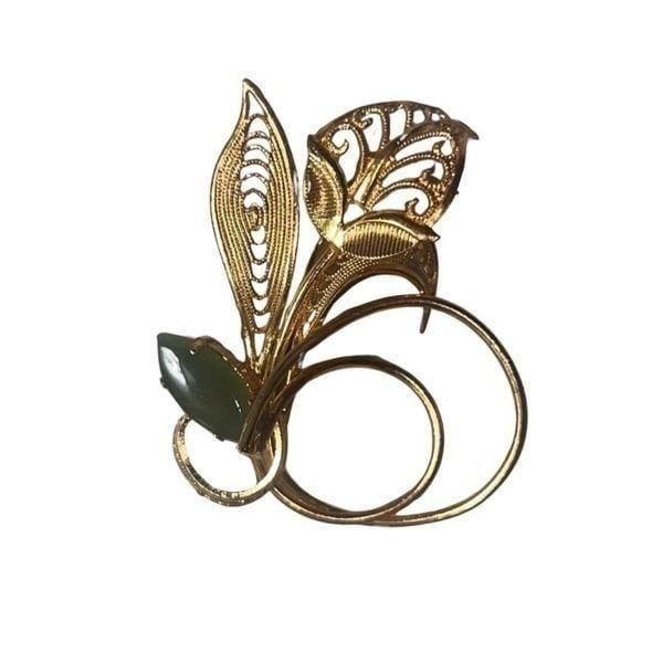 Mid Century Western Germany Gold Tone Filigree Green Jade Floral Brooch Women’s