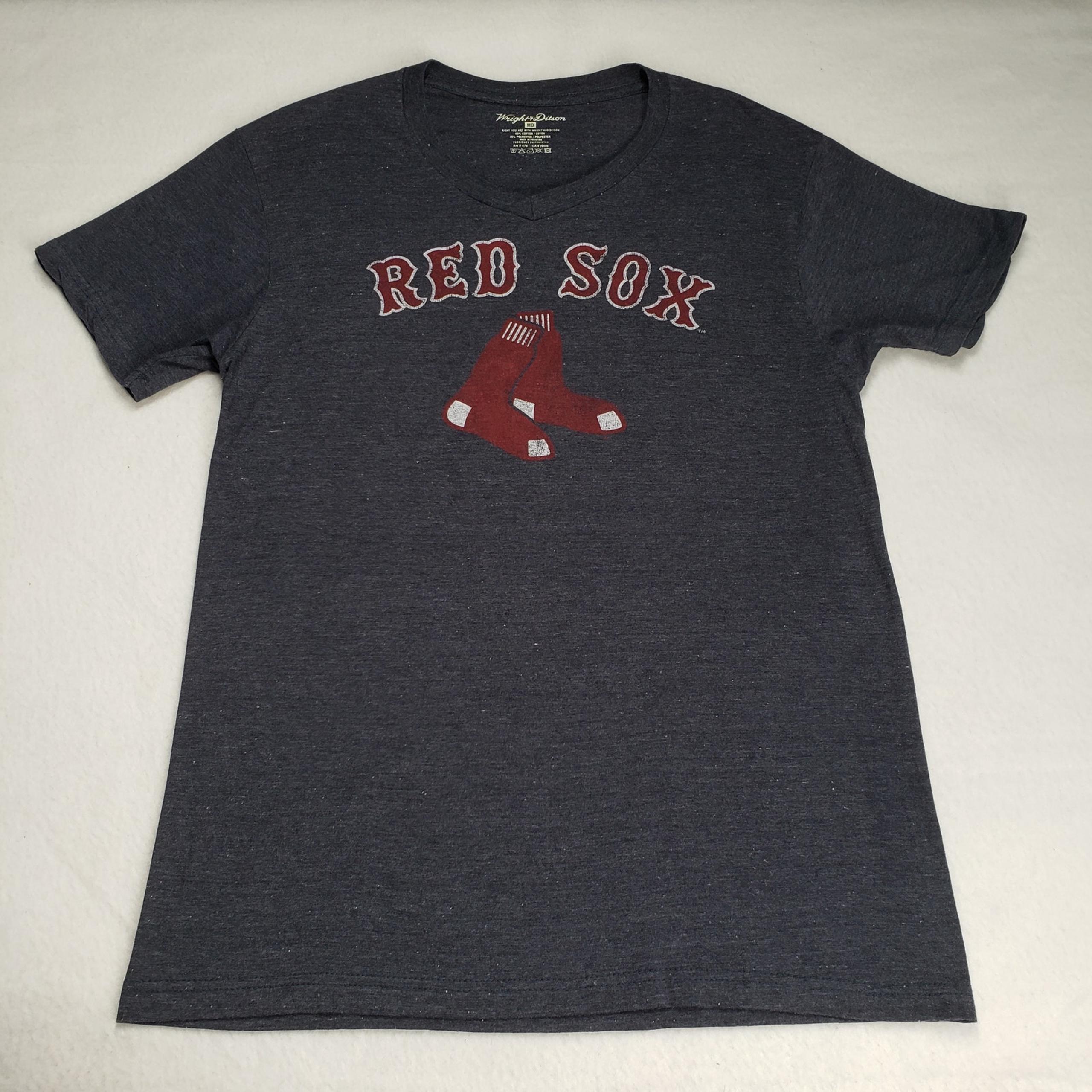 Boston Red Sox T-Shirt Womens Medium Blue Baseball V Neck Short Sleeve MLB Logo