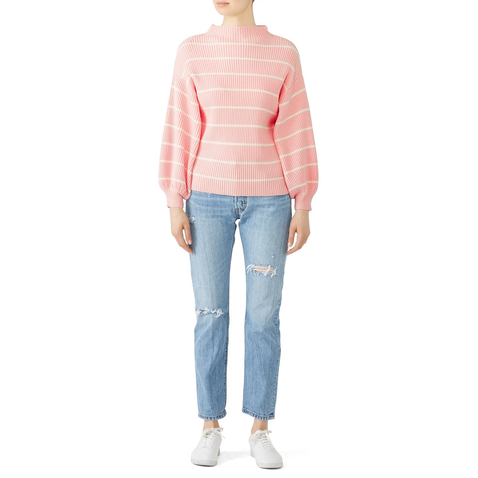 Saylor Reformation Pink White Striped Ribbed Knit Wool Crewneck Balloon Sweater