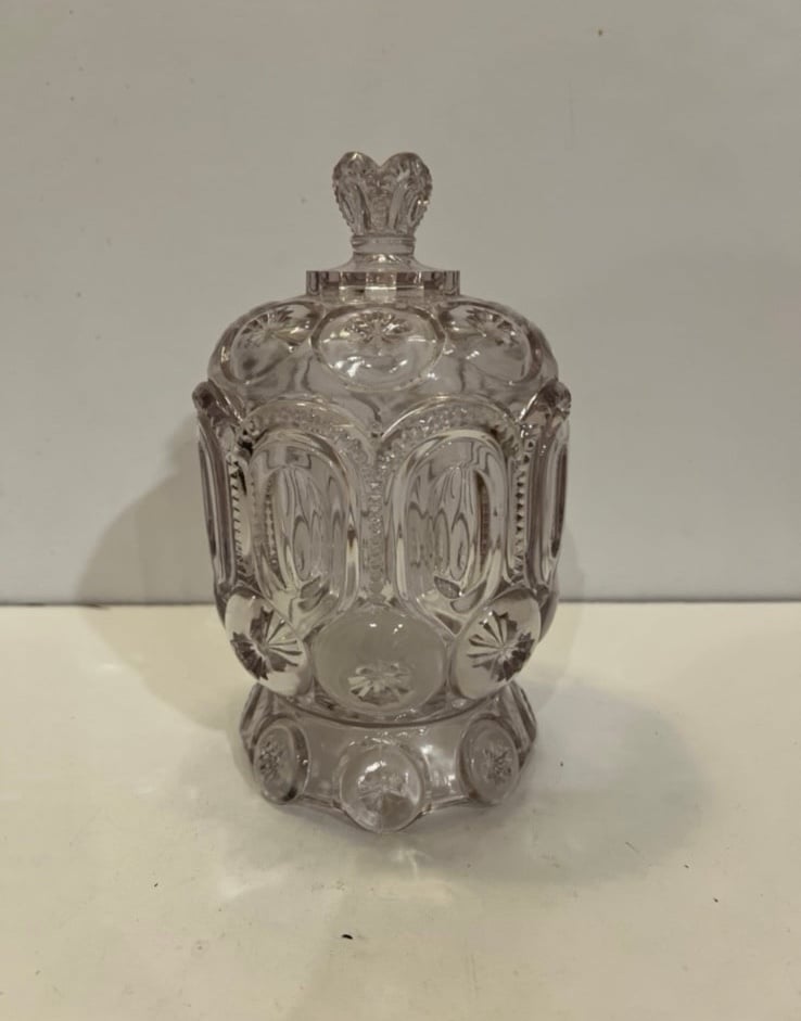 Vtg L.E. Smith Moon and Stars Lidded Candy Dish Crystal Clear purple Sugar Bowl