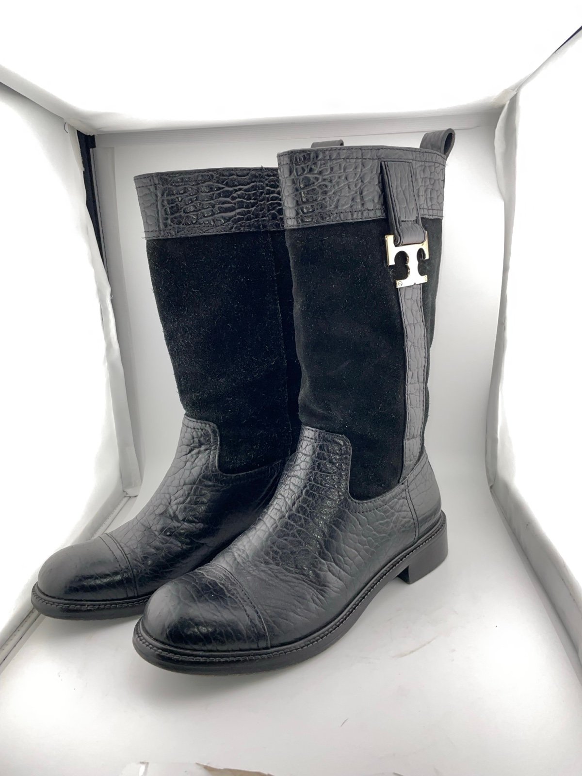 Tory Burch Corey Mid Calf Flat Leather Embossed Black Suede Boots Size 7M