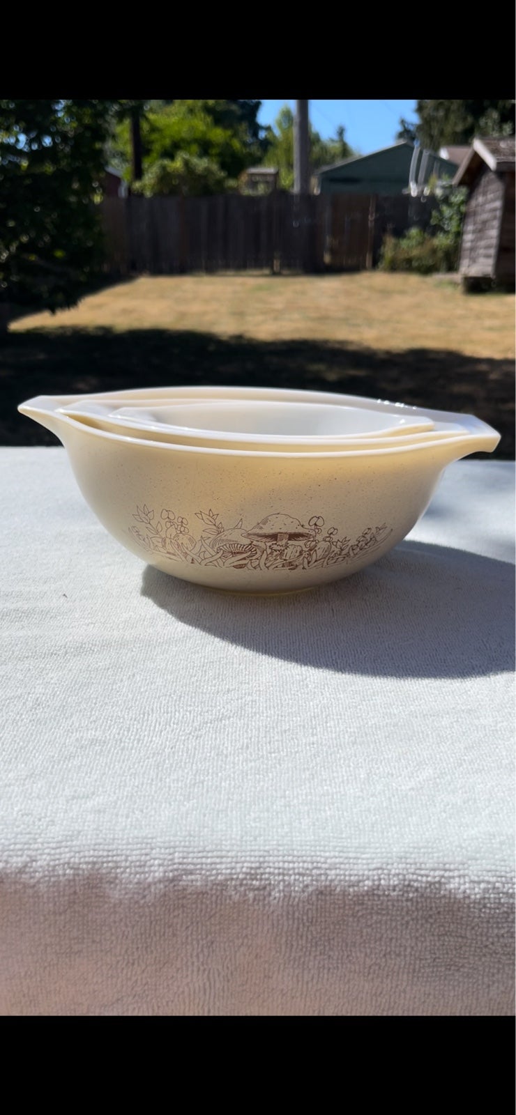 Vintage Cinderella Pyrex Nesting Bowls with Mushrooms Details