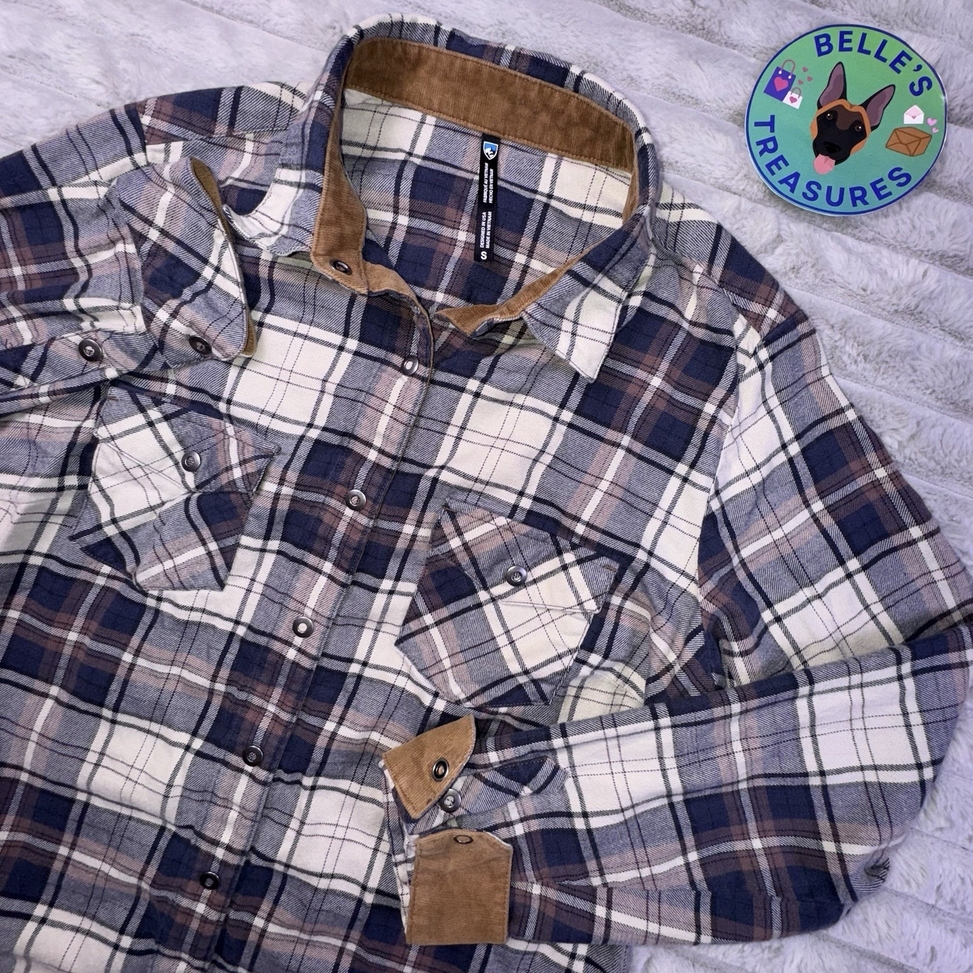 Kuhl Shirt Small Quartz Tess Flannel Snap Plaid Corduroy Trim Hiking Blue Pink