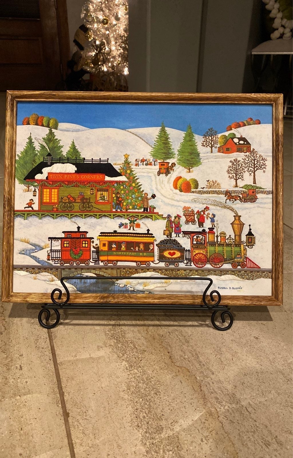 Russell D. Bushee Christmas train framed embroidery art