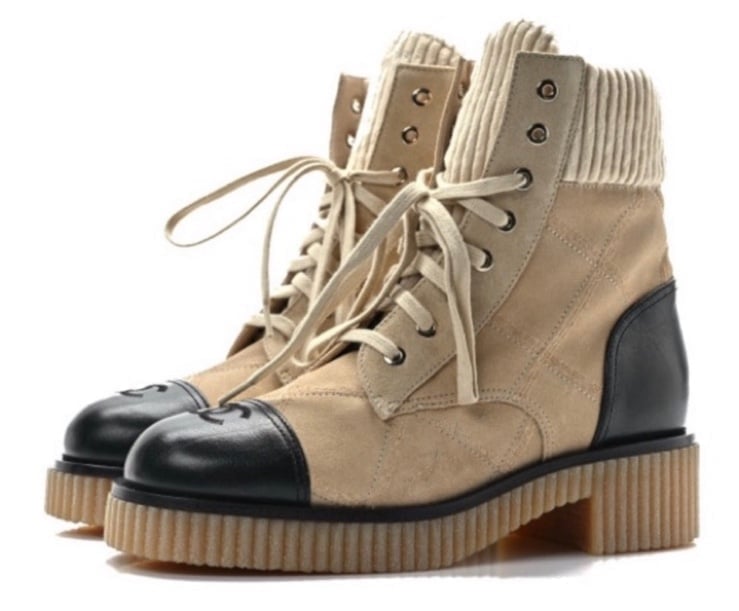 Chanel Beige Black Suede Quilted Platform Combat Laceup Boots Shoes Captoe 39