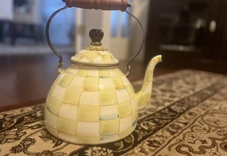 MACKENZIE CHILDS PARCHMENT CHECK TEA KETTLE 3QT