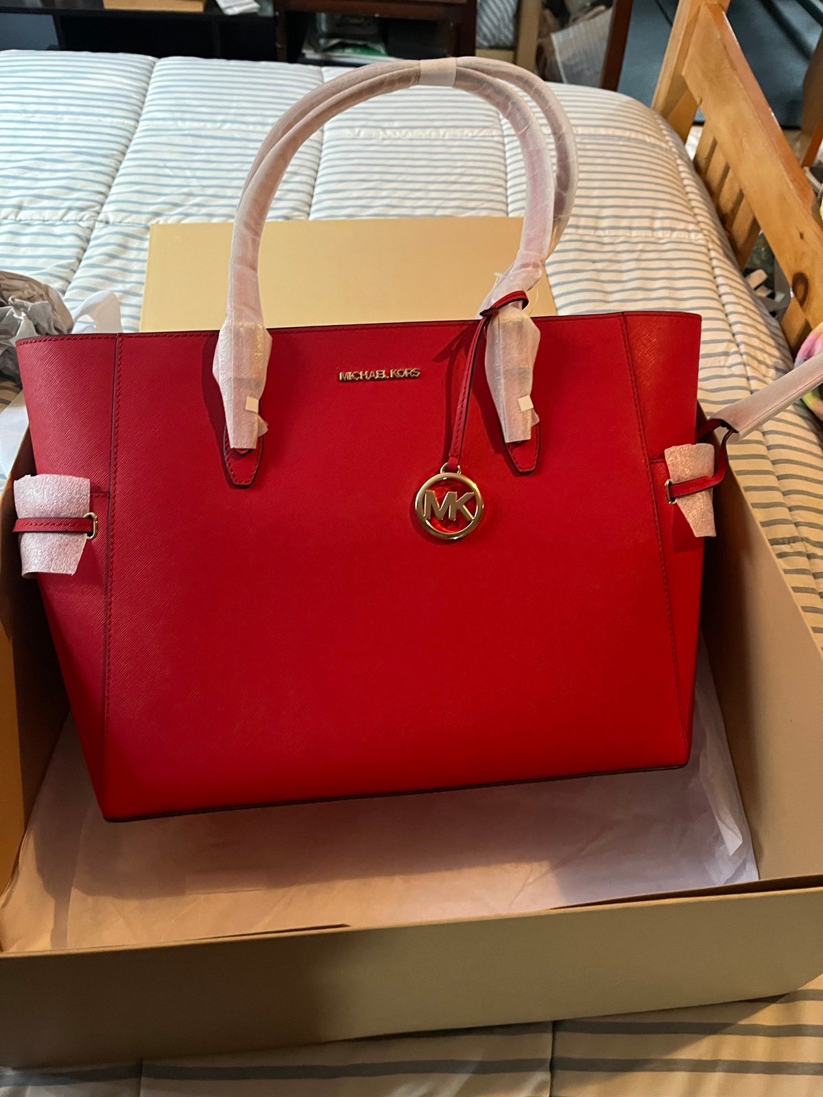 Michael Kors bright red Gilly Tote bag and ribbon gift box