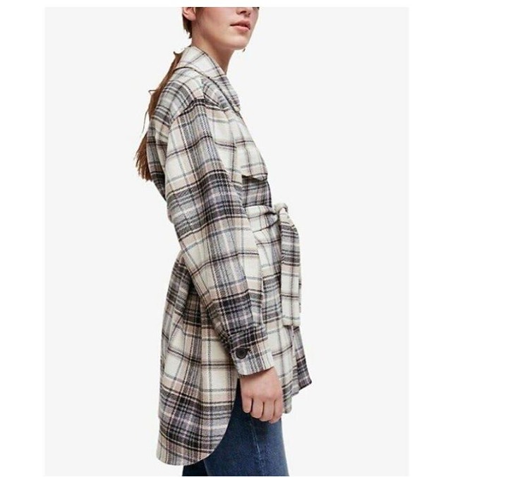 Maje checked wool blend belted shirt jacket