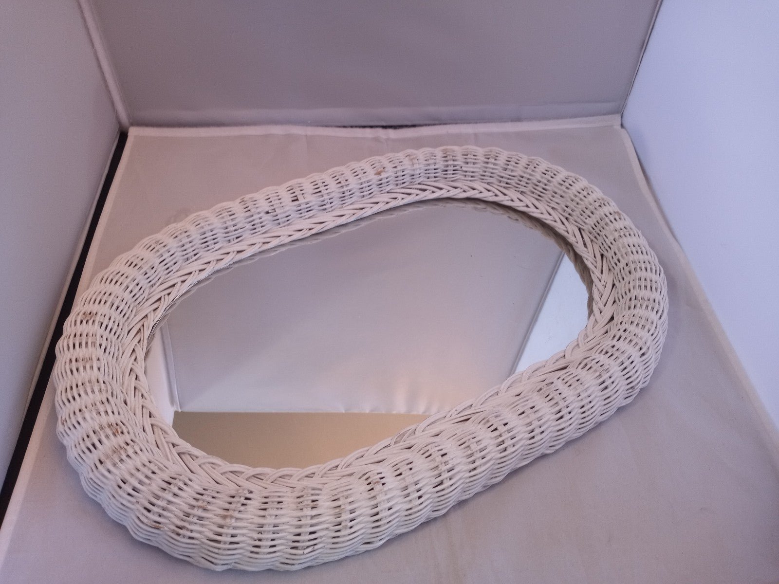 Vintage oval wicker Mirror dresser tray/ wall hanging