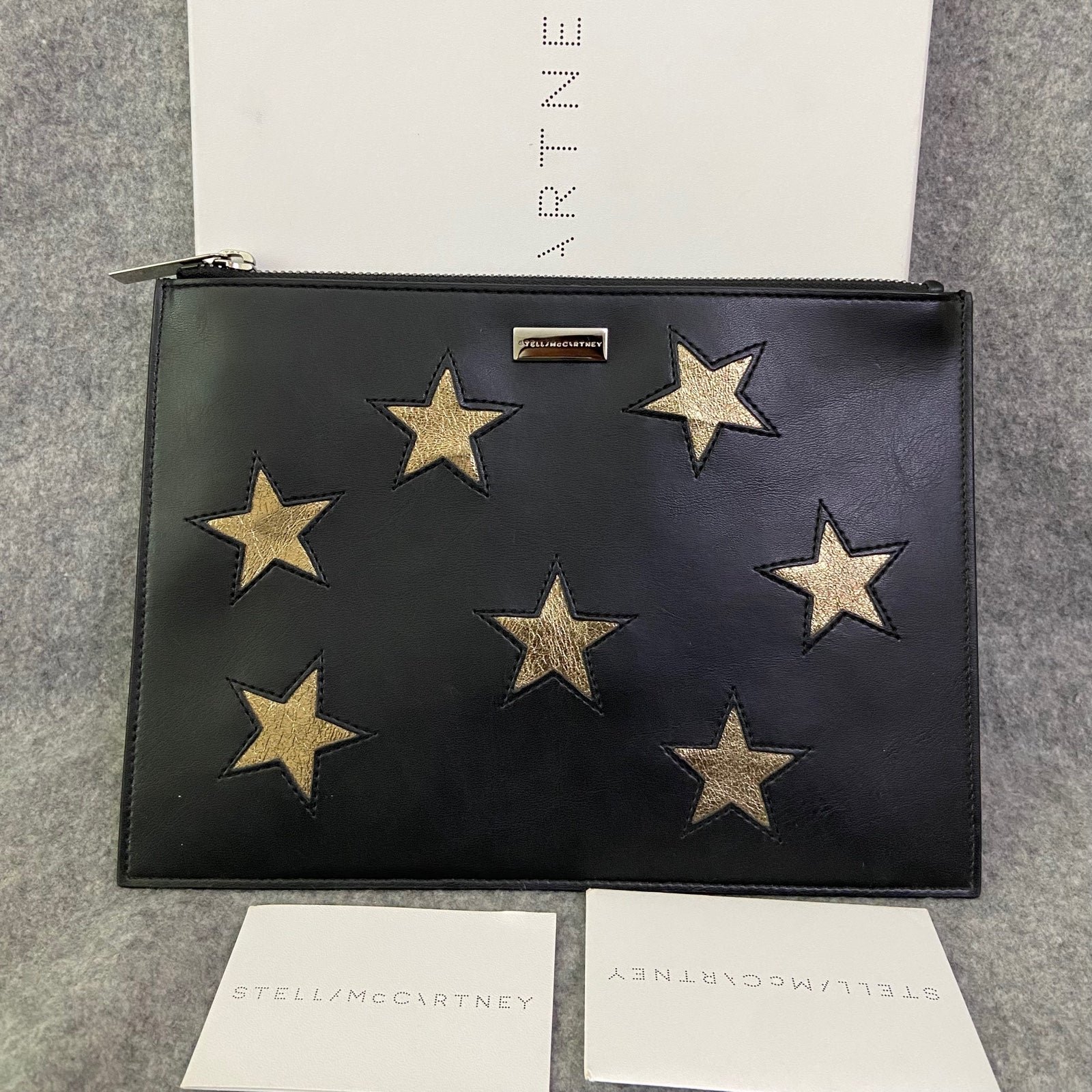 NWT Stella McCartney Star Eco Leather Zip Pouch Bag black gold