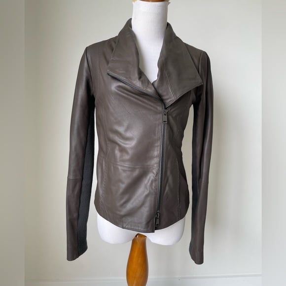 Vince Brown Cross Front Leather Moto Jacket Sz S Asymmetrical Zip Knit Trim