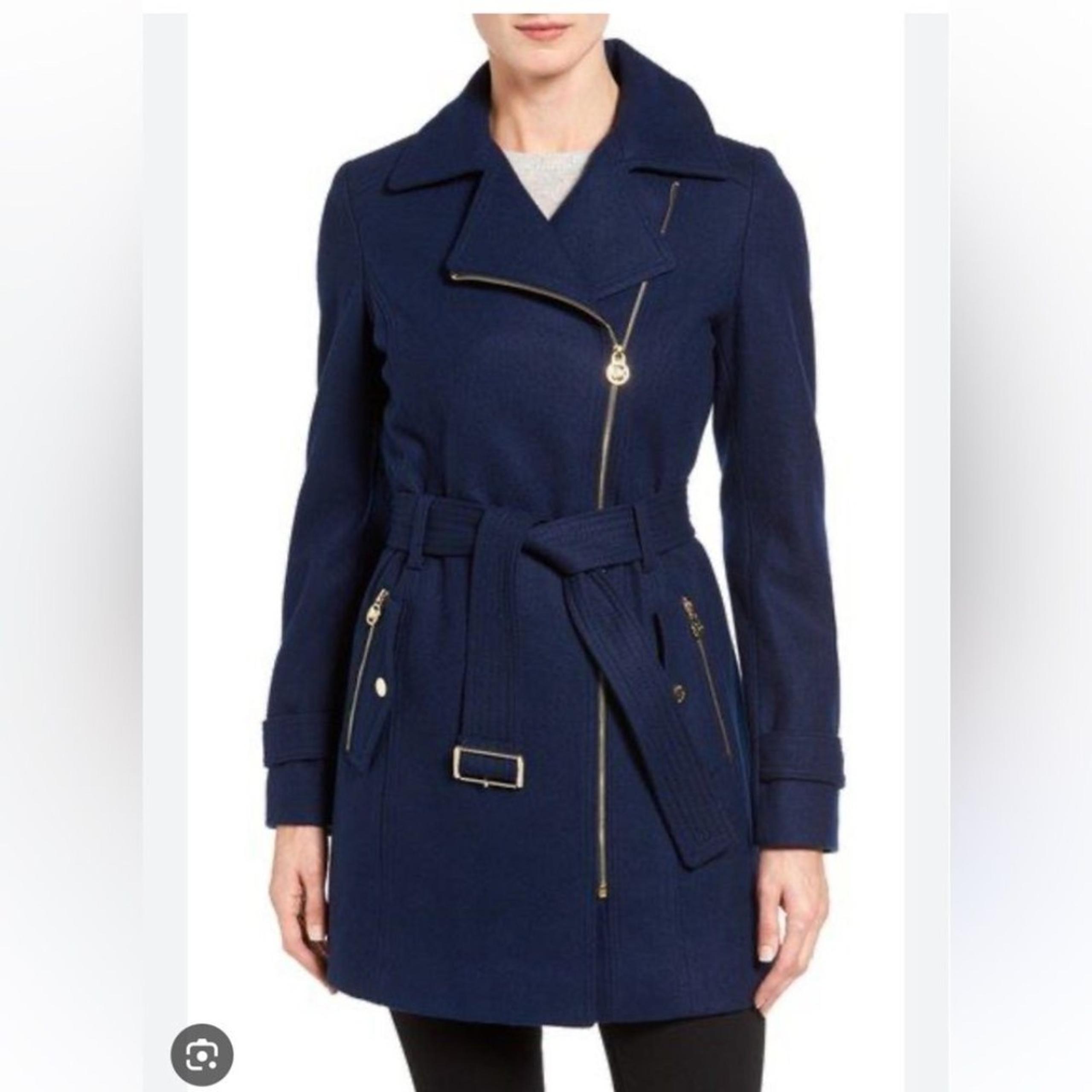Michael Kors BELTED ASYMMETRICAL WOOL BLEND COAT IN NAVY XXS NWT $275
