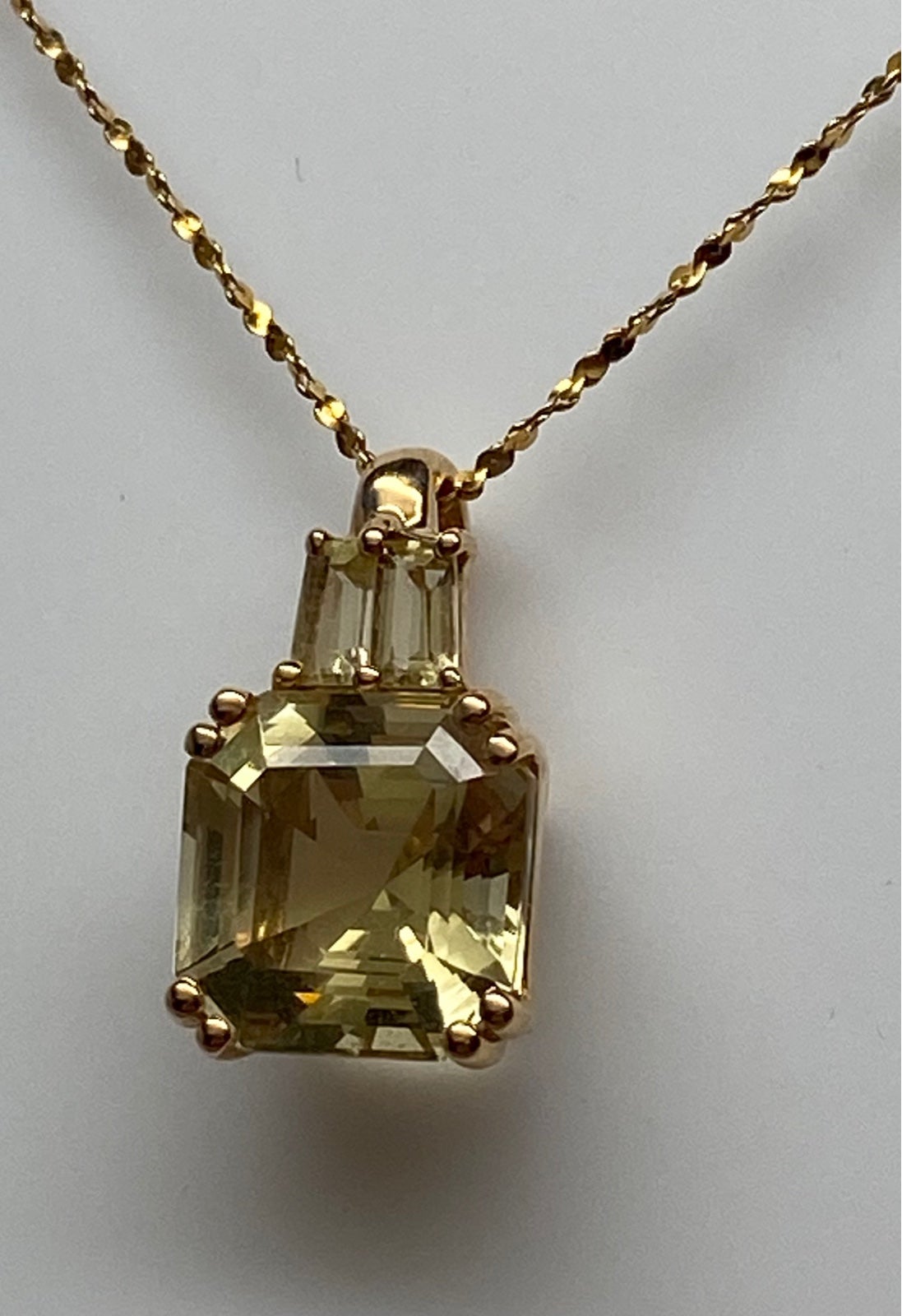 14K Yellow Gold Asscher and Baguette Cut Lemon Quartz Pendant and 18” Chain