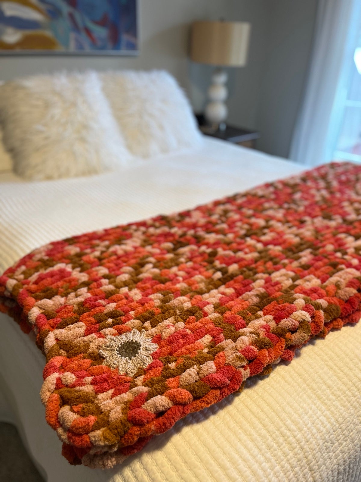 Thick pink hand-knit blanket: 52x68