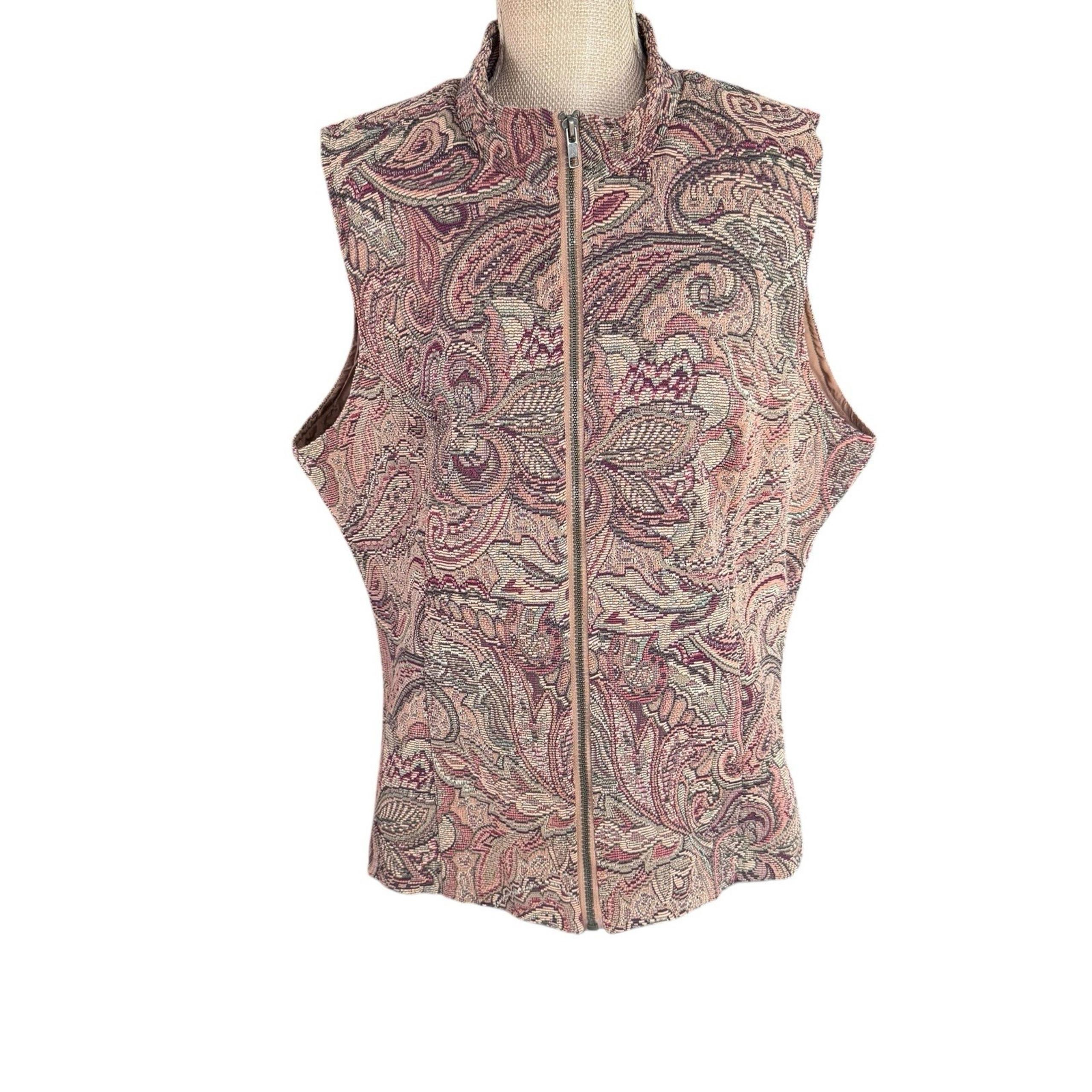 Vintage Tapestry Vest Brown Leaves Paisley White Stag XL