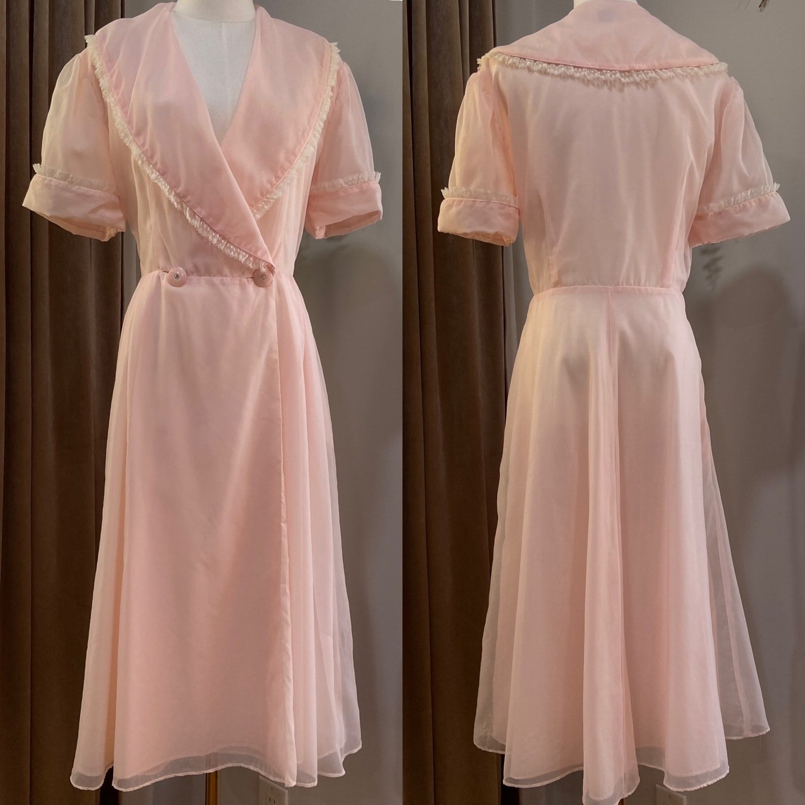 Vintage 50s Farmhouse Pink Nylon Chiffon Lace Housecoat Robe Size M Rockabilly